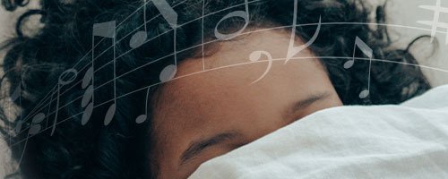 woman listening to sleep sounds acousticsheep music notes over head