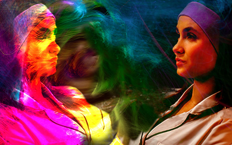 girl wearing sleepphones on left, image mirrored with a rainbow haze added over on the right