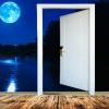 lucid dreaming white door opening to blue night sky with full moon