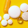 a variety of sleeping pills are displayed on a yellow background