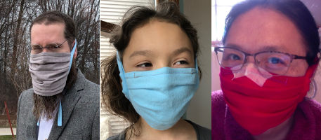 Coronavirus DIY face mask for man with beard, a kid, and person with glasses.