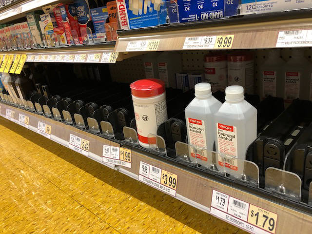 Alcohol Wipes and isopropyl shelf on March 2, 2020 Erie, PA