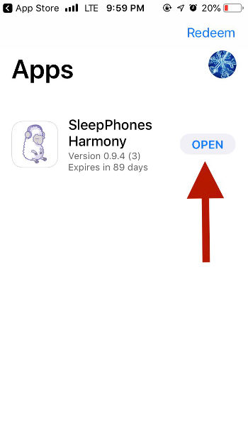 Screenshot of SleepPhones Harmony App Installation page after installation