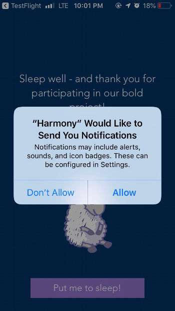 Screenshot of SleepPhones Harmony App Notifications option